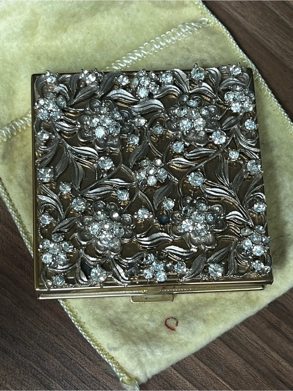 Vintage Evan’s Gold Silver Floral Crystal Accent Powder Compact Mirror -